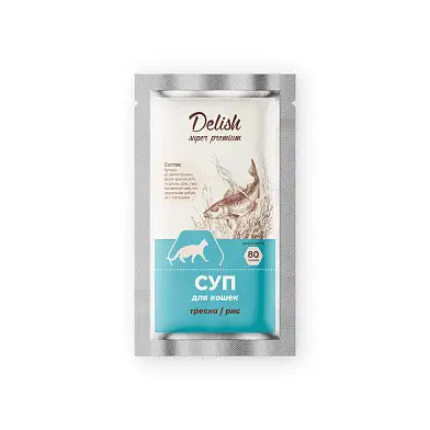 Delish super premium суп для взрослых кошек треска/рис (пауч)