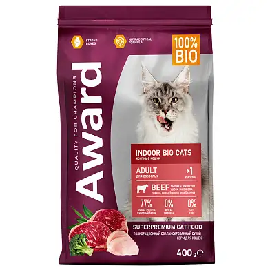 Award Indoor Big cats сухой корм для взрослых домашних кошек крупных пород с говядиной и курицей