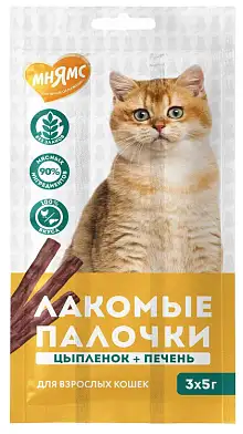 Мнямс Лакомство лакомые палочки для кошек из цыпленка и печени